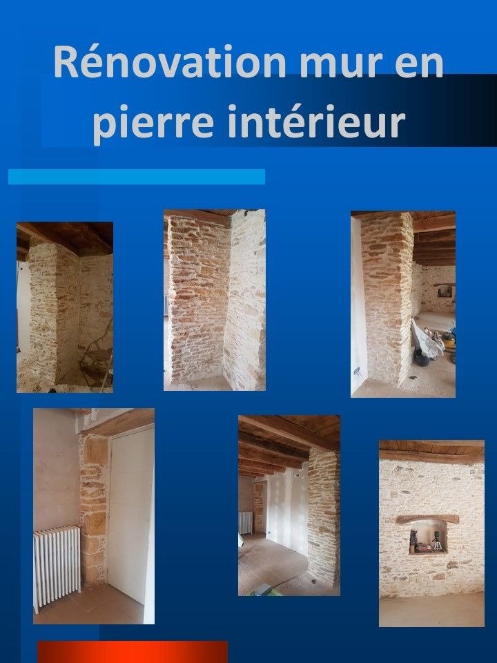 Restauration vieux mur en pierre d'une ancienne étable rénové en salon interieur